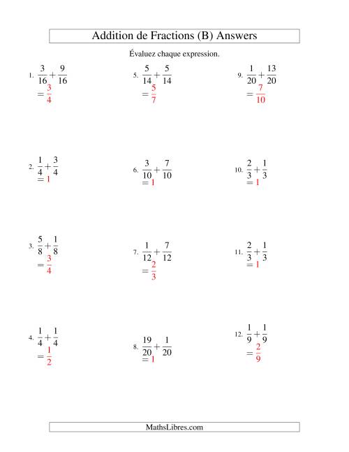 Addition de Fractions (B) page 2