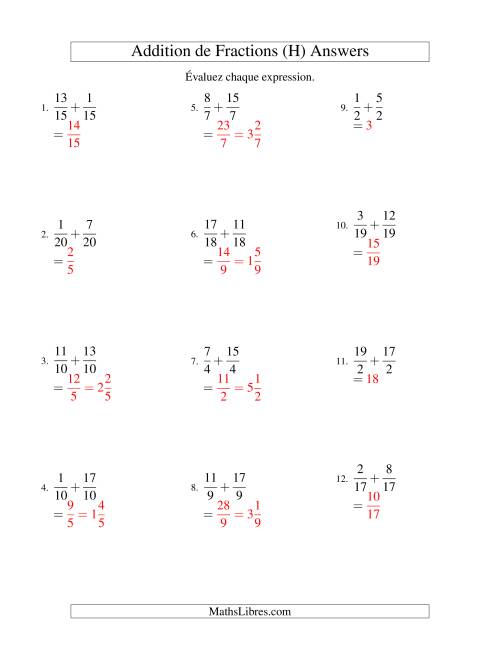 Addition de Fractions Impropres (H) page 2
