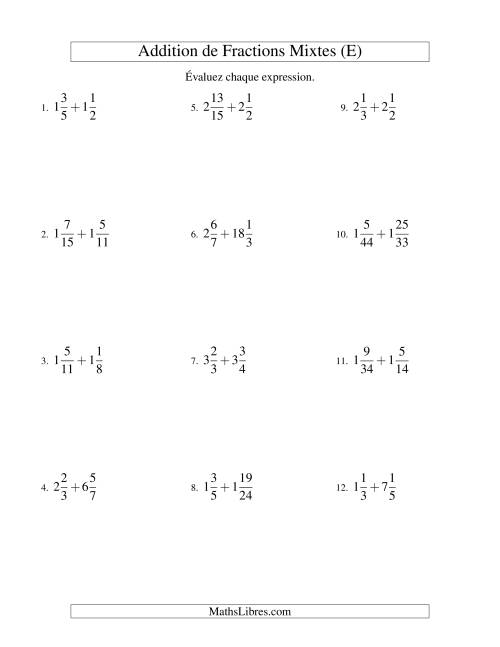 Addition de Fractions Mixtes (Difficiles) (E)