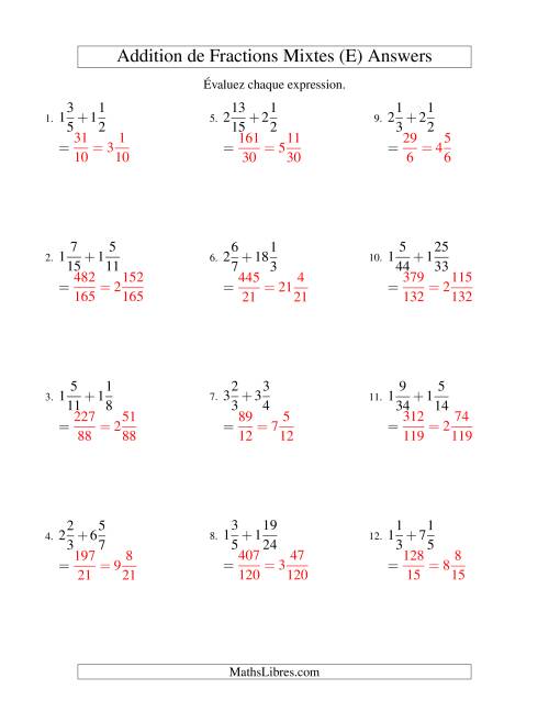 Addition de Fractions Mixtes (Difficiles) (E) page 2