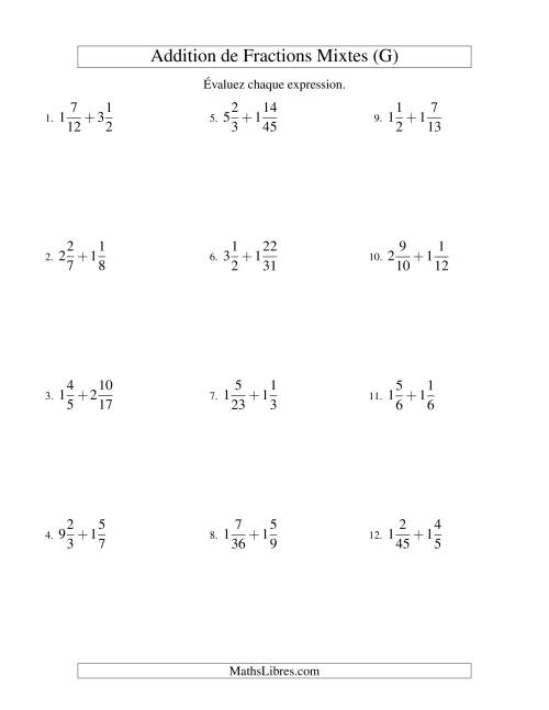 Addition de Fractions Mixtes (Difficiles) (G)