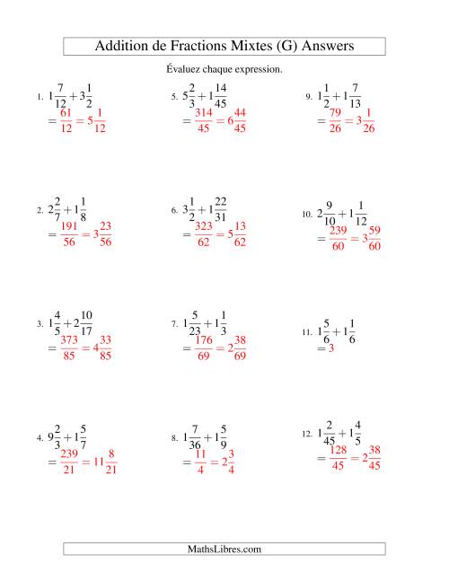 Addition de Fractions Mixtes (Difficiles) (G) page 2