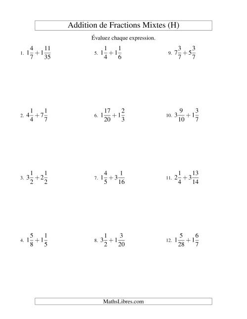 Addition de Fractions Mixtes (Difficiles) (H)