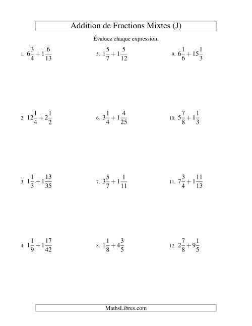 Addition de Fractions Mixtes (Difficiles) (J)
