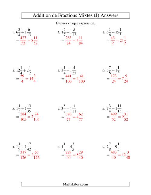 Addition de Fractions Mixtes (Difficiles) (J) page 2