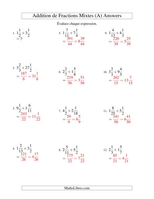 Addition de Fractions Mixtes (Difficiles) (Tout) page 2