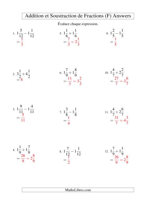 Addition et Soustraction de Fractions Mixtes avec Dénominateurs Communs (F) page 2