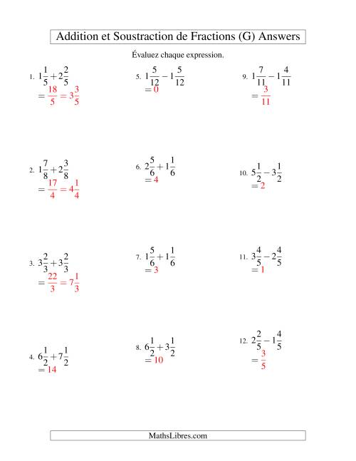 Addition et Soustraction de Fractions Mixtes avec Dénominateurs Communs (G) page 2