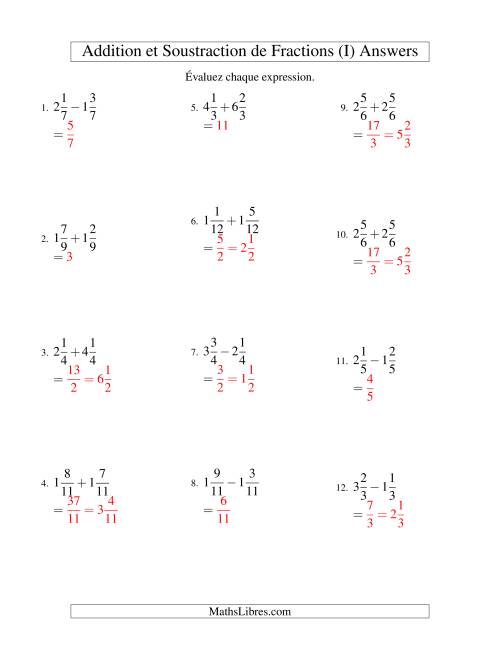 Addition et Soustraction de Fractions Mixtes avec Dénominateurs Communs (I) page 2
