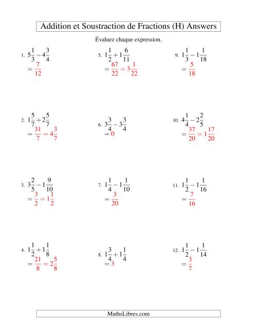 Addition et Soustraction de Fractions Mixtes avec Dénominateurs Communs (H) page 2