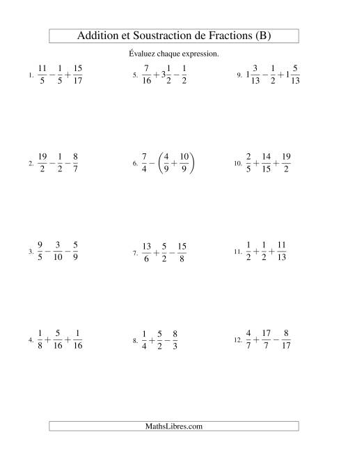 Addition et Soustraction de Trois Fractions (B)