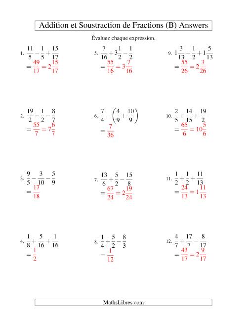Addition et Soustraction de Trois Fractions (B) page 2