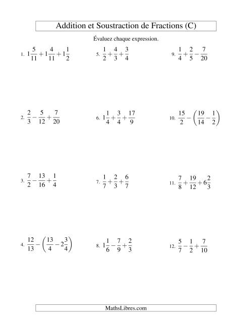 Addition et Soustraction de Trois Fractions (C)