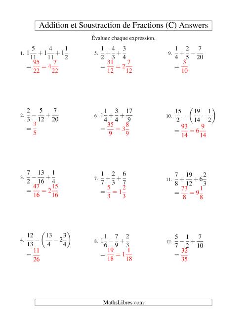 Addition et Soustraction de Trois Fractions (C) page 2