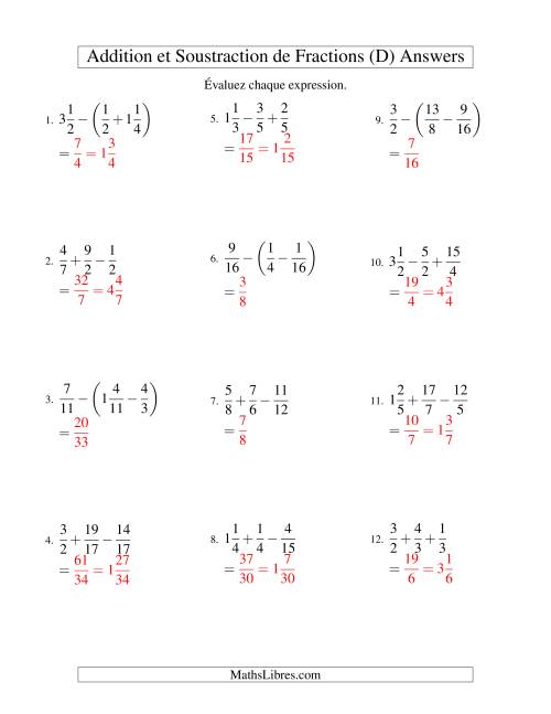 Addition et Soustraction de Trois Fractions (D) page 2