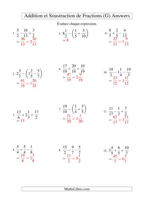 Addition et Soustraction de Trois Fractions (G) page 2