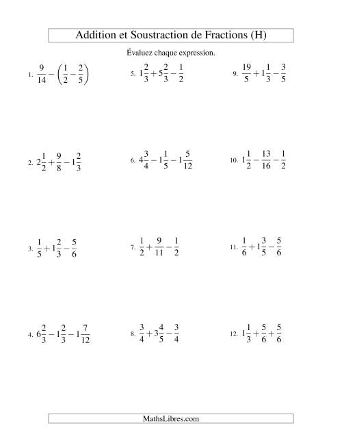Addition et Soustraction de Trois Fractions (H)