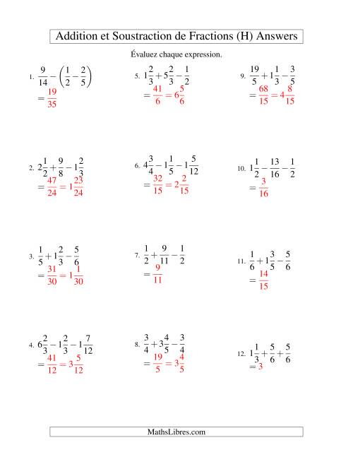Addition et Soustraction de Trois Fractions (H) page 2