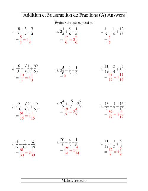 Addition et Soustraction de Trois Fractions (Tout) page 2