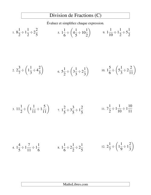 Division et Simplification de Fractions Mixtes - 3 fractions (C)