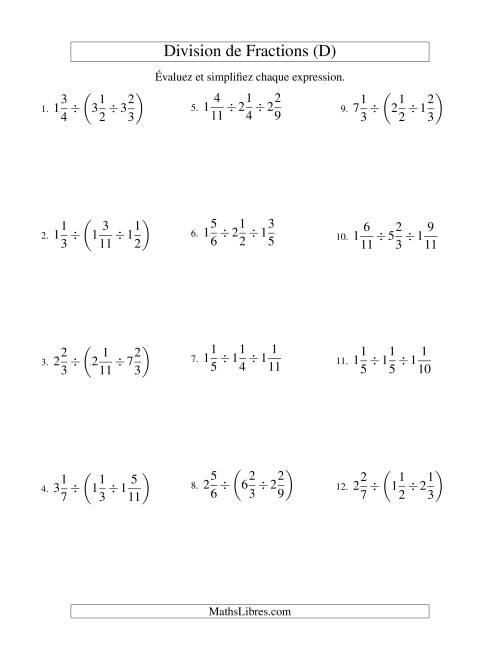 Division et Simplification de Fractions Mixtes - 3 fractions (D)