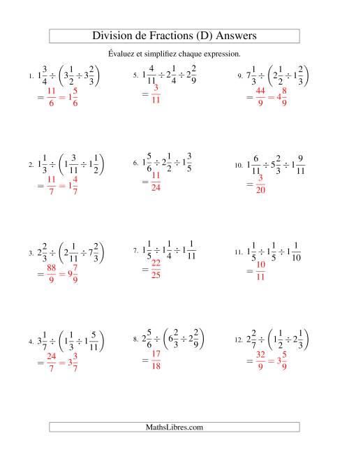 Division et Simplification de Fractions Mixtes - 3 fractions (D) page 2