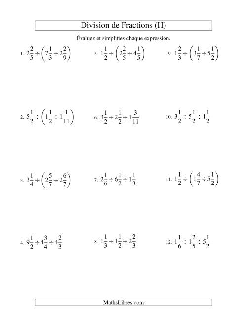 Division et Simplification de Fractions Mixtes - 3 fractions (H)