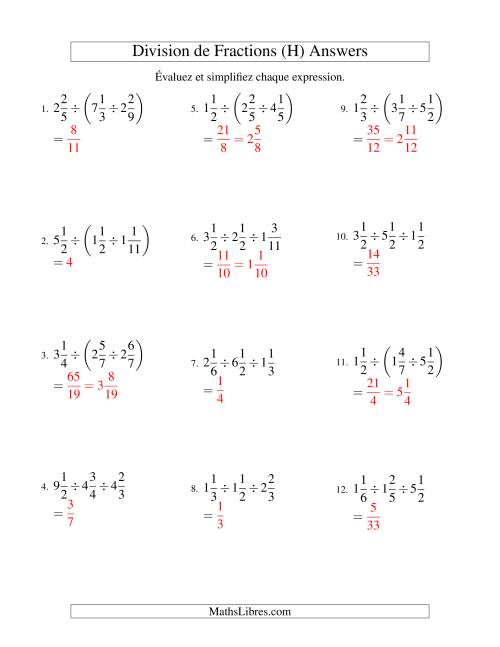 Division et Simplification de Fractions Mixtes - 3 fractions (H) page 2