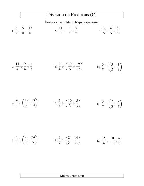 Division et Simplification de Fractions Impropres -- 3 fractions (C)