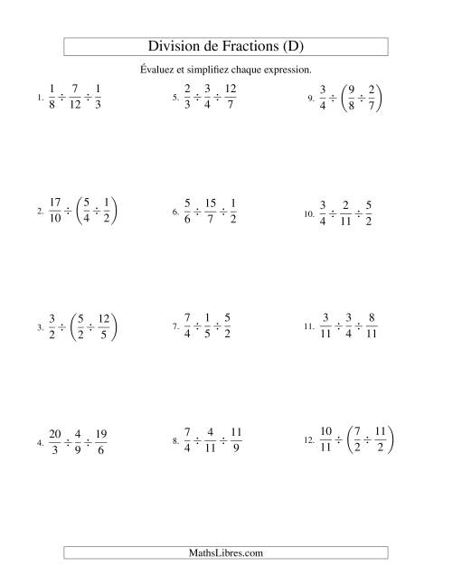 Division et Simplification de Fractions Impropres -- 3 fractions (D)