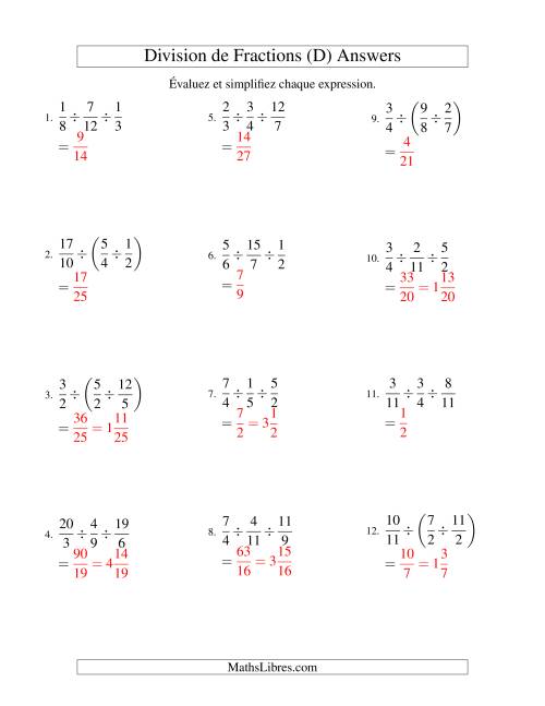 Division et Simplification de Fractions Impropres -- 3 fractions (D) page 2