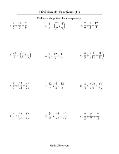 Division et Simplification de Fractions Impropres -- 3 fractions (E)