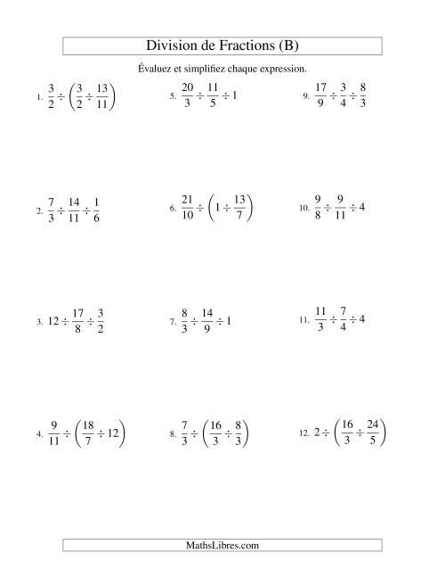 Division et Simplification de Fractions -- 3 fractions (B)