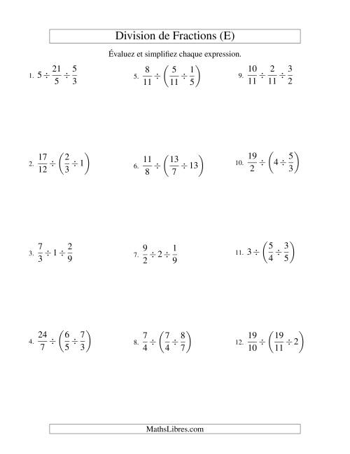 Division et Simplification de Fractions -- 3 fractions (E)