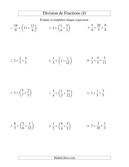 Division et Simplification de Fractions -- 3 fractions (J)