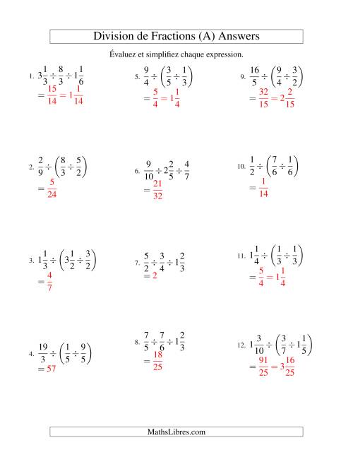 Division et Simplification de Fractions Mixtes -- 3 fractions (A) page 2