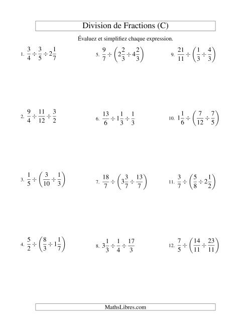 Division et Simplification de Fractions Mixtes -- 3 fractions (C)
