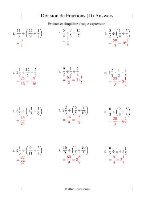 Division et Simplification de Fractions Mixtes -- 3 fractions (D) page 2
