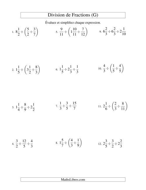 Division et Simplification de Fractions Mixtes -- 3 fractions (G)
