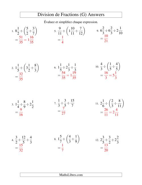 Division et Simplification de Fractions Mixtes -- 3 fractions (G) page 2