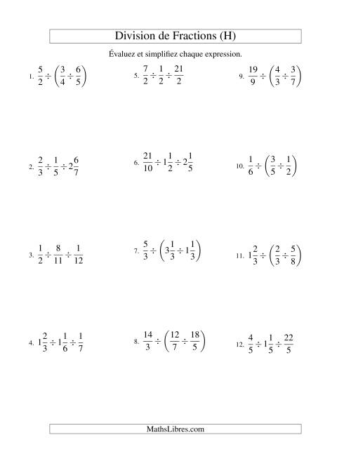 Division et Simplification de Fractions Mixtes -- 3 fractions (H)