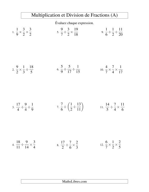 Multiplication et Division de Fractions -- 3 fractions (A)