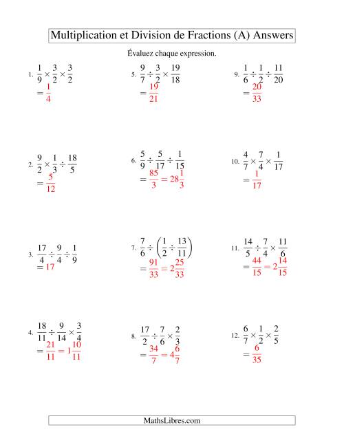 Multiplication et Division de Fractions -- 3 fractions (Tout) page 2