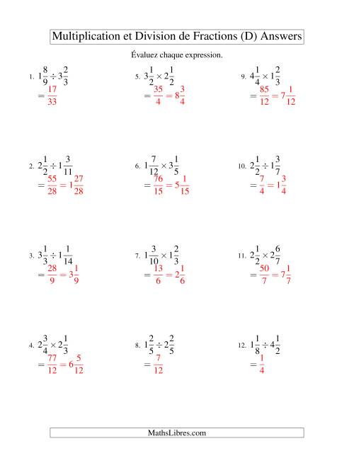 Multiplication et Division de Fractions Mixtes (D) page 2