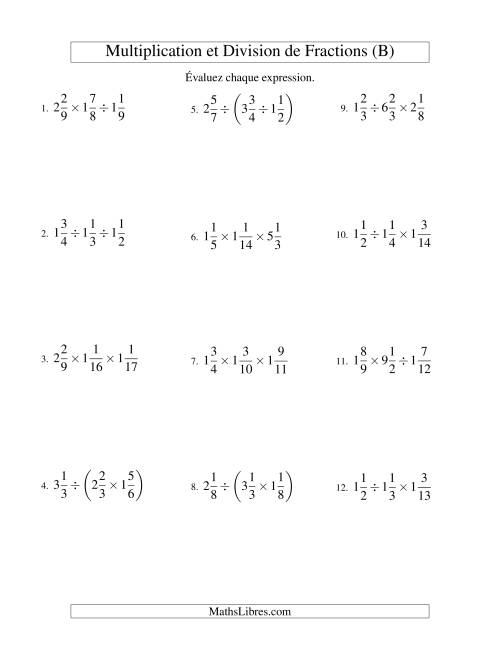 Multiplication et Division de Fractions Mixtes -- 3 fractions (B)