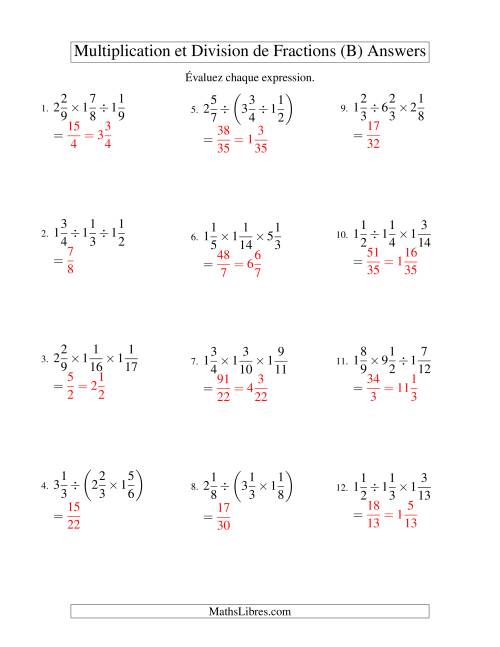 Multiplication et Division de Fractions Mixtes -- 3 fractions (B) page 2