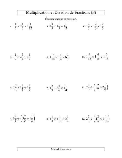 Multiplication et Division de Fractions Mixtes -- 3 fractions (F)