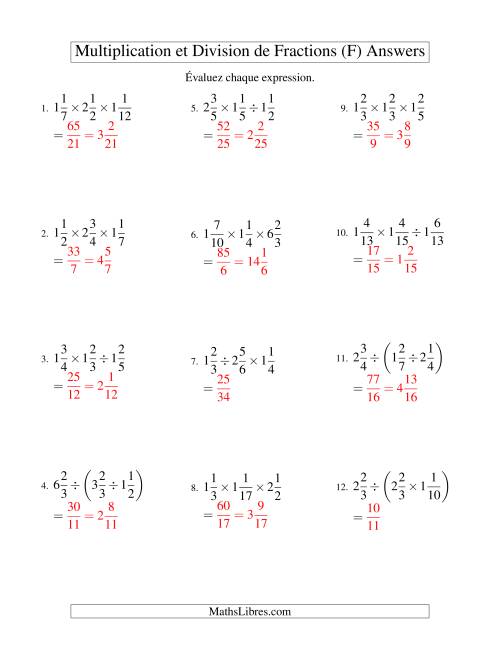 Multiplication et Division de Fractions Mixtes -- 3 fractions (F) page 2