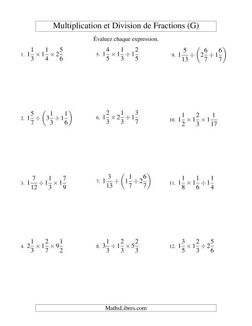 Multiplication et Division de Fractions Mixtes -- 3 fractions (G)