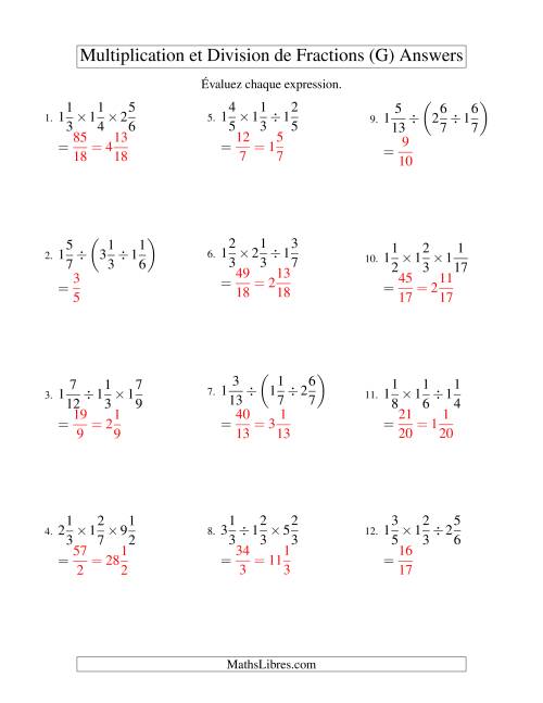 Multiplication et Division de Fractions Mixtes -- 3 fractions (G) page 2